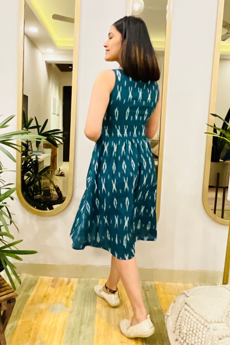 TEAL GREEN IKAT FLARED DRESS