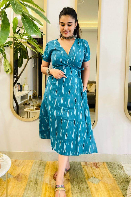 TURQUOISE IKAT WRAP DRESS