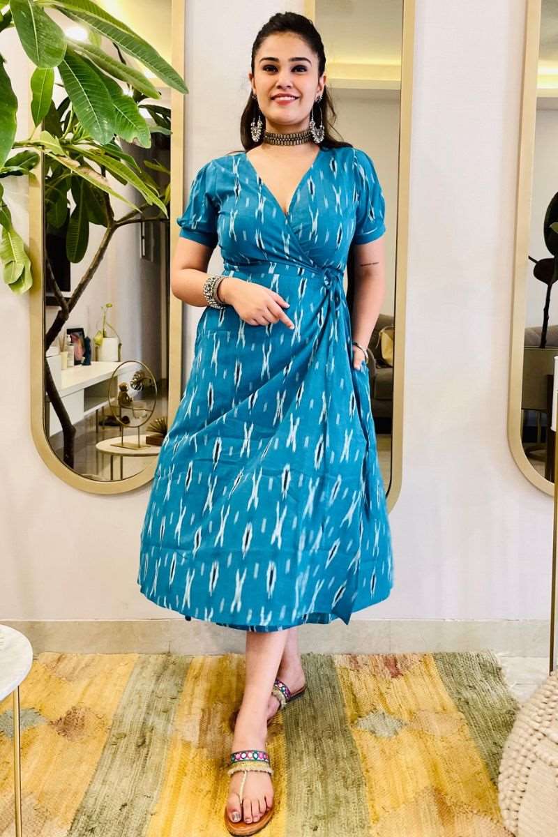 TURQUOISE IKAT WRAP DRESS