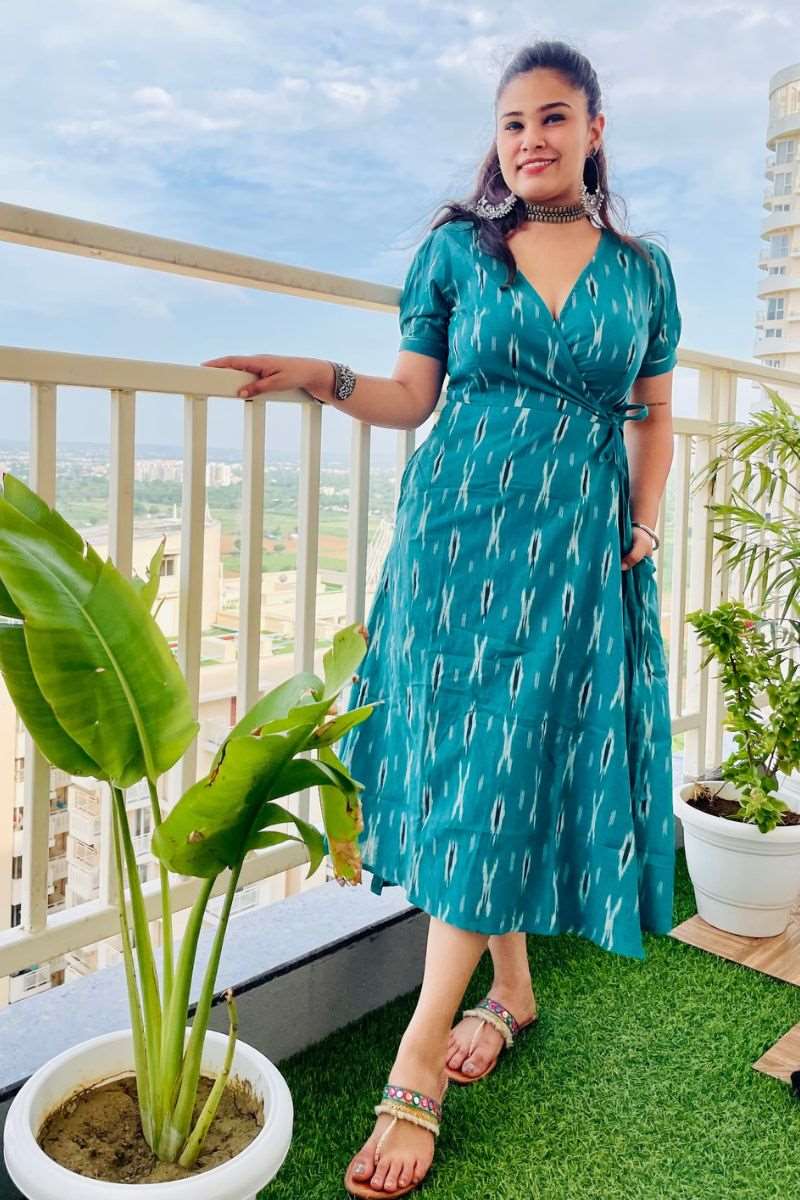 TURQUOISE IKAT WRAP DRESS
