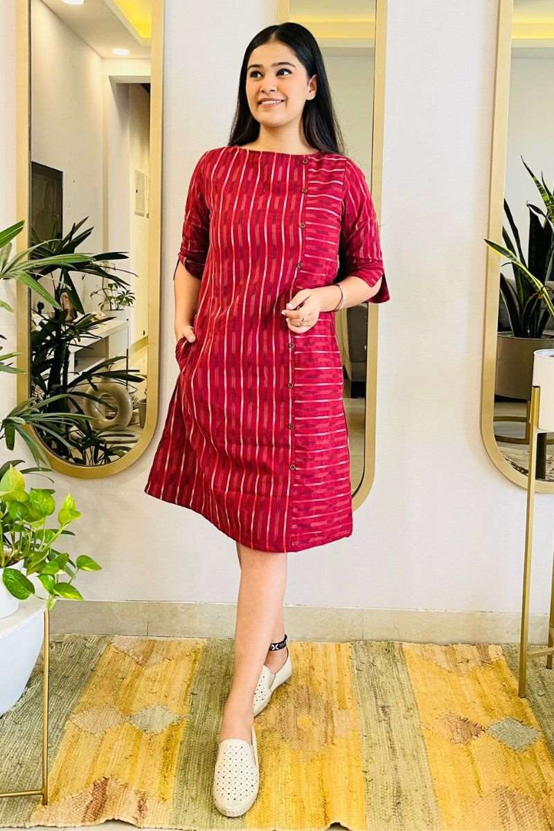 WINE IKAT FORMAL SHIFT DRESS WITH POCKETS