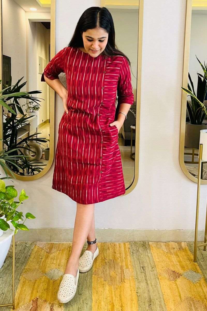 WINE IKAT FORMAL SHIFT DRESS WITH POCKETS